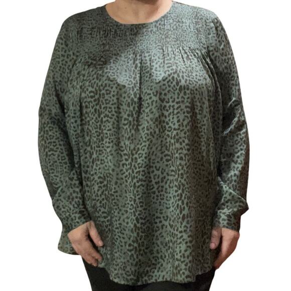 J.Jill Womens Animal Print Teal Smocked Long Sleeve Blouse Size Large - Picture 3 of 11